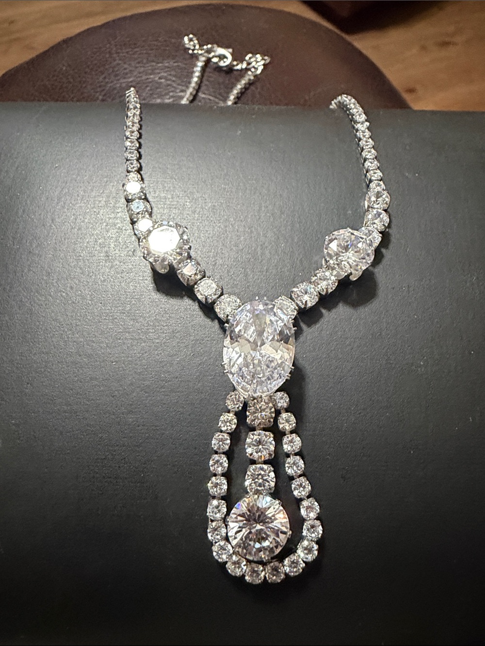Silver-Tone Clear Crystal Statement Necklace - Elegant Drop Pendant